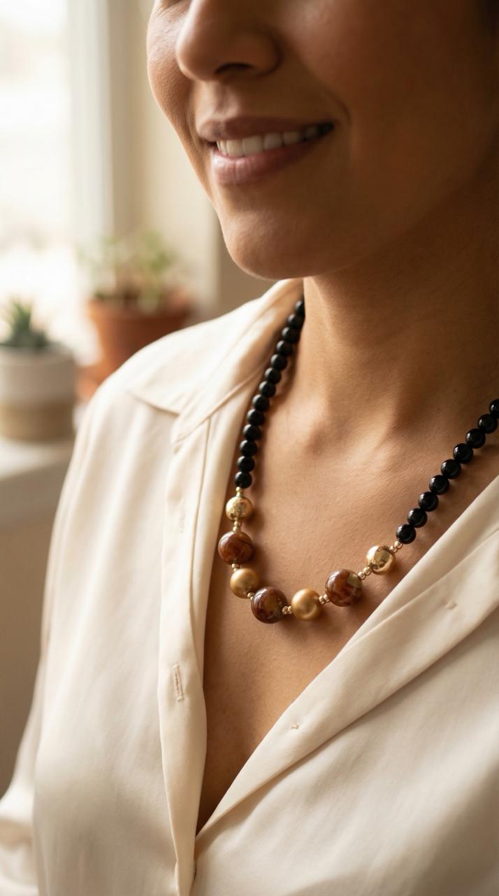 Collar Negro con Centro Ámbar y Detalles Dorados