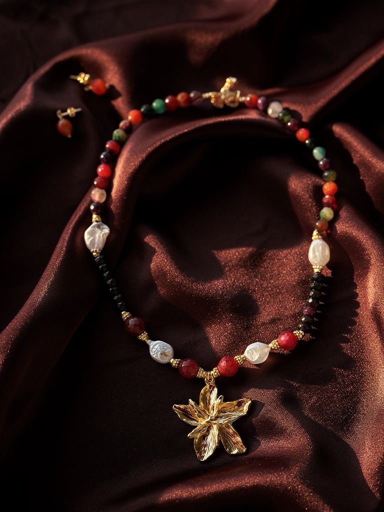 Collar Floral Dorado con Cuentas Multicolor y Perlas