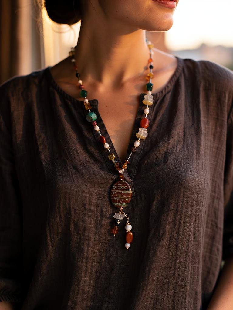 Collar Largo Bohemio de Piedras Naturales con Dije Central